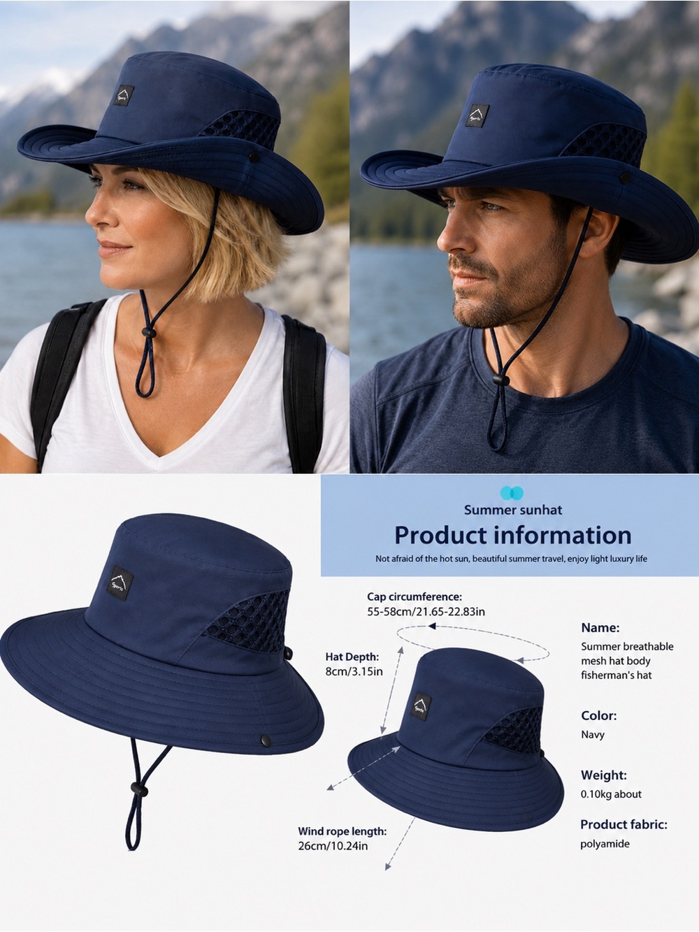 Navy Wide Brim Sun Hat | Breathable Mesh | Adjustable Chin Strap | UPF Outdoor H